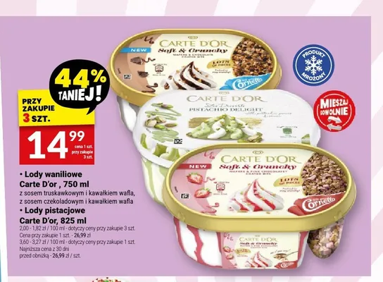 Lody waniliowe z sosem truskawkowym i kawałkiem wafla Carte D'or promocja w Twój Market
