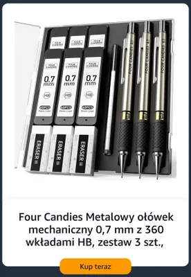 Metalowy ołówek mechaniczny Four Candies 0,7 mm z 360 wkładami HB zestaw 3 szt. promocja w Amazon