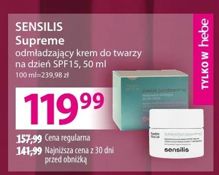 Krem SENSILIS Supreme odmładzający krem do twarzy na dzień SPF15 promocja w Hebe