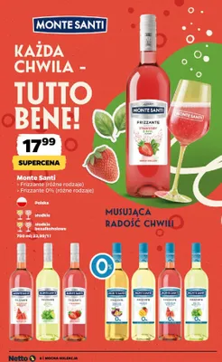 Wino musujące Monte Santi Frizzante 0% bezalkoholowe słodkie polskie promocja w Netto