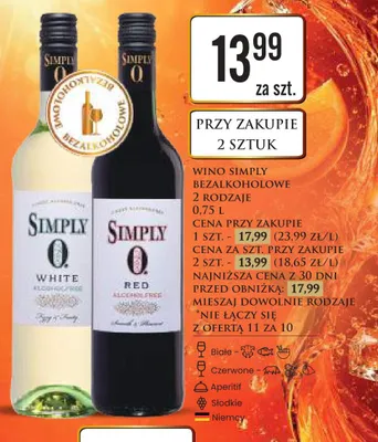 Wino bezalkoholowe białe Simply Q promocja w Dino