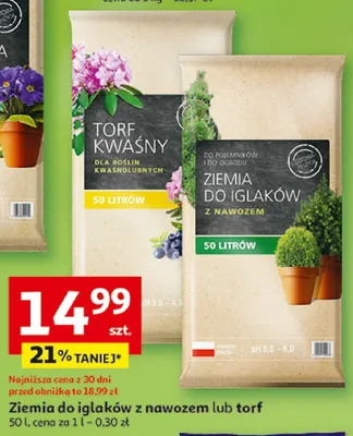 Ziemia do iglaków z nawozem lub torf kwaśny promocja w Auchan