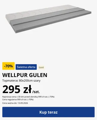 Topmaterac Wellpur Gulen 80x200 cm szary promocja w Jysk