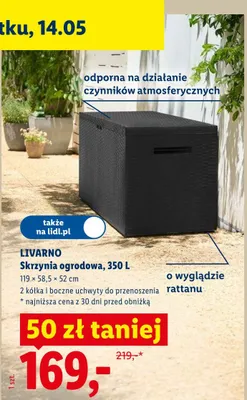 Skrzynia ogrodowa Livarno 350l 119x58,5x52cm o wyglądzie rattanu 2 kółka i boczne uchwyty do przenoszenia promocja w Lidl