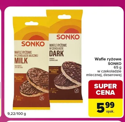 Wafle ryżowe Sonko w czekoladzie deserowej promocja w Carrefour Market