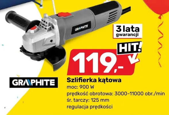 Szlifierka kątowa GRAPHITE moc: 900W prędkość obrotowa: 3000-11000 obr./min śr. tarczy: 125mm regulacja prędkości promocja w Bricomarche
