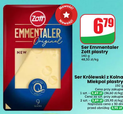 Ser emmentaler w plastrach Zott promocja w Dino