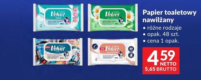 Papier toaletowy nawilżany Velvet różne rodzaje promocja w Makro