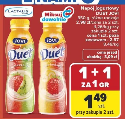 Napój jogurtowy Duet Jovi o smaku malin-truskawka promocja w Carrefour