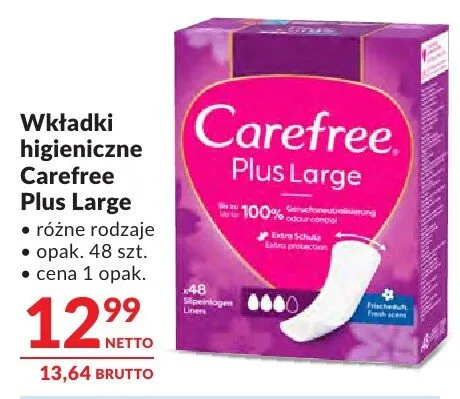 Wkładki higieniczne Carefree Plus Large różne rodzaje promocja w Makro