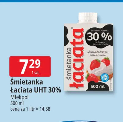 Śmietanka Łaciata UHT Mlekpol 30% promocja w Leclerc