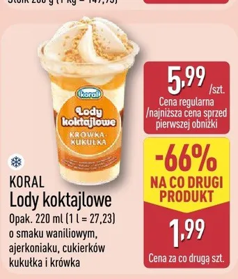 Lody koktajlowe KORAL o smaku waniliowym, ajerkoniaku, cukierków kukułka i krówka promocja w Aldi