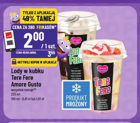 Lody w kubku Tere Fere o smaku śmietankowo-malinowo-cytrynowym z sosem o smaku truskawkowym Amore Gusto promocja w POLOmarket