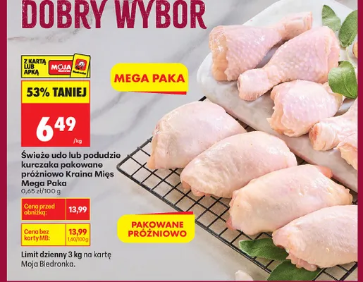 Świeże udo lub podudzie kurczaka pakowane próżniowo Mega Paka promocja w Biedronka