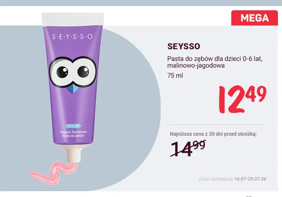 Pasta do zębów dla dzieci SEYSSO 0-6 lat malinowo-jagodowa promocja w Rossmann
