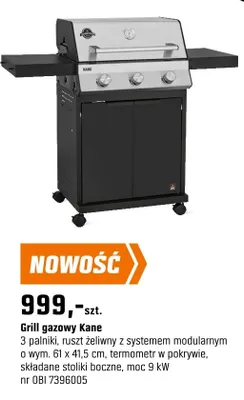 Grill gazowy 3 palniki, ruszt żeliwny z systemem modularnym o wym. 61 x 41,5 cm, termometr w pokrywie, składane stoliki boczne, moc 9 kW promocja w OBI