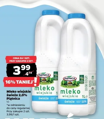 Mleko wiejskie świeże 2,0% Piątnica promocja w Netto
