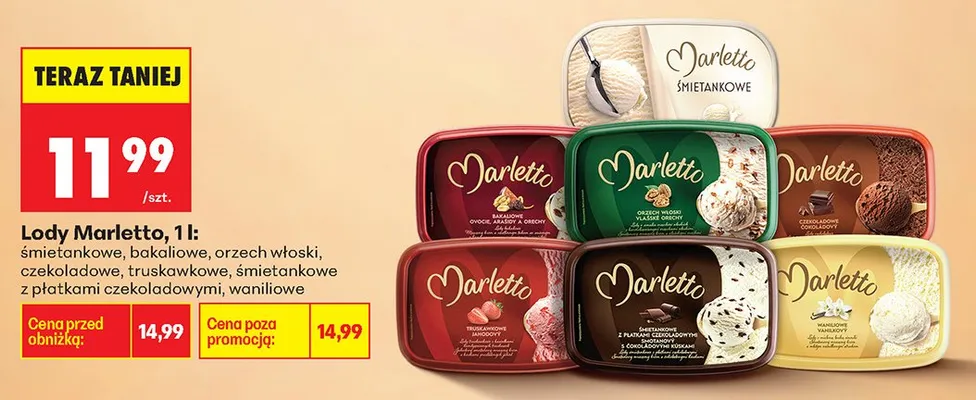 Lody Marletto śmietankowe z płatkami czekoladowymi promocja w Biedronka
