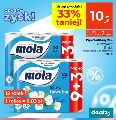 Papier toaletowy Mola Biała bawełna 2-warstwowy 12-pak promocja w Dealz