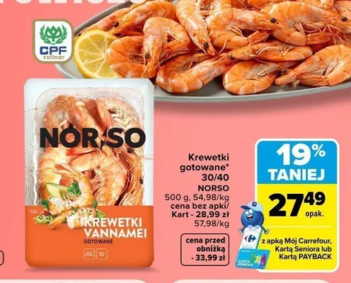Krewetki gotowane Norso 30/40 promocja w Carrefour Market