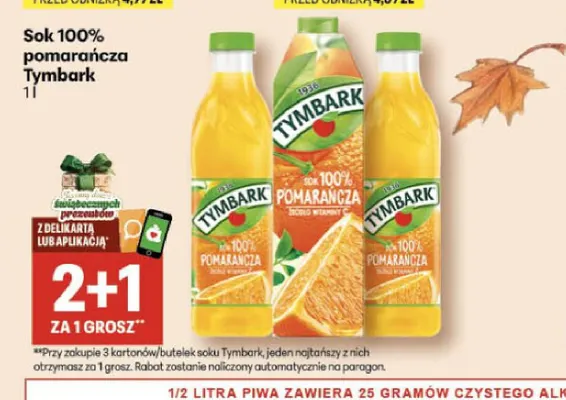 Sok pomarańcza Tymbark 100% promocja w Delikatesy Centrum