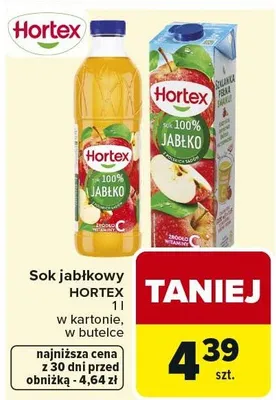 Sok jabłkowy 100% w kartonie, w butelce Hortex promocja w Carrefour Market