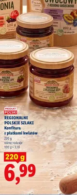 Konfitura z płatkami kwiatów truskawka z płatkami róży Regionalne Polskie Szlaki promocja w Lidl