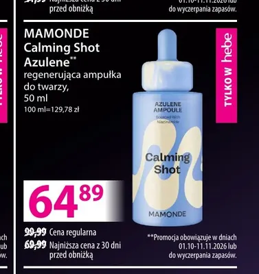 Regenerująca ampułka do twarzy Calming Shot Azulene Mamonde promocja w Hebe