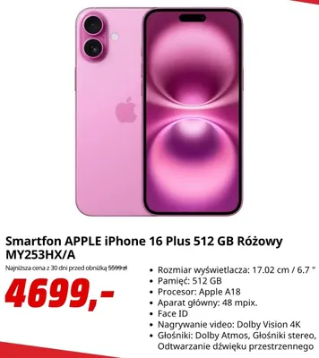 Smartfon Apple iPhone 16 Plus 512 Gb Różowy promocja w Media Markt