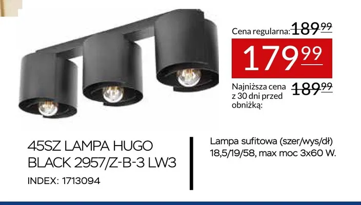 45SZ Lampa Hugo Black 2957/Z-B-3 LW3 promocja w Abra Meble