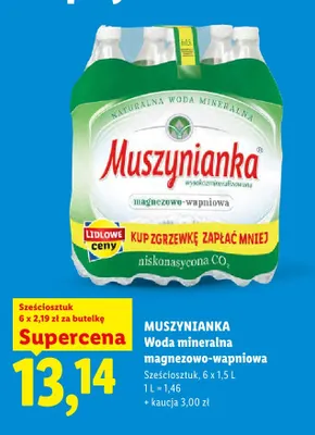 Woda mineralna Muszynianka magnezowo-wapniowa niskonasycona CO2 6-pak promocja w Lidl
