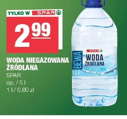 Woda niegazowana źródlana SPAR promocja w SPAR