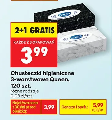 Chusteczki higieniczne 3-warstwowe Queen 120szt. promocja w Biedronka