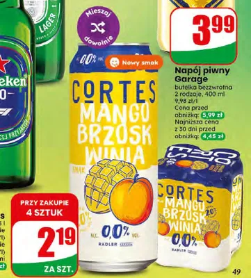 Piwo bezalkoholowe Cortes Radler Mango Brzoskwinia Wiśnia promocja w Dino
