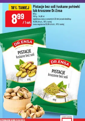 Pistacje bez soli łuskane połówki Dr.Ensa promocja w POLOmarket