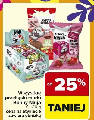 Przekąski różne rodzaje Lolly Pops, Bunny Ninja Fruity, Bunny Ninja jabłko malina, Bunny Ninja truskawka & malina promocja w Carrefour Market