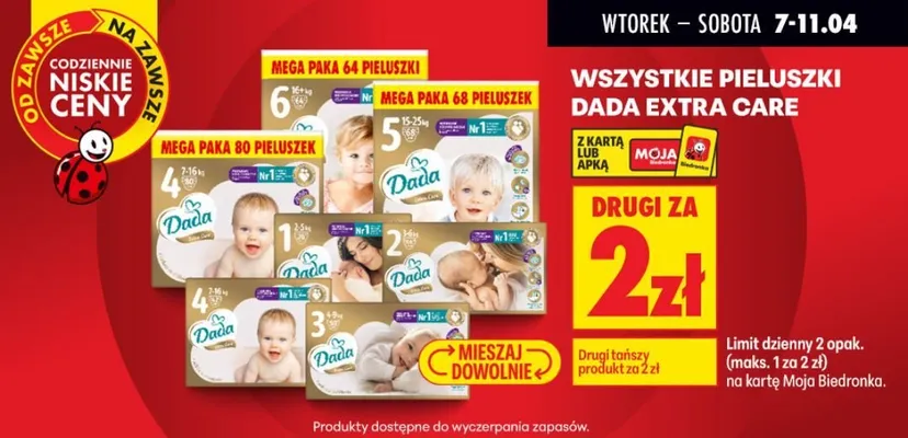 Wszystkie pieluszki Dada Extra Care DRUGIE ZA 2 ZŁ promocja w Biedronka