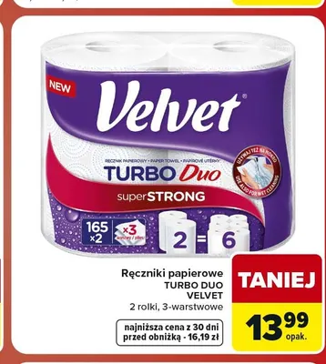 Ręczniki papierowe Turbo Duo Velvet 2 rolki 3-warstwowe promocja w Carrefour Market