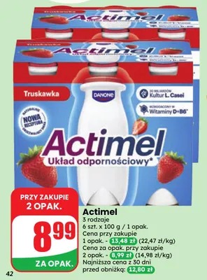 Napój jogurtowy Actimel Danone truskawka 6-pak promocja w Dino