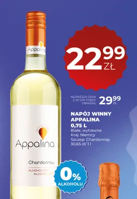 Wino bezalkoholowe Napój winny bezalkoholowy Appalina Chardonnay promocja w Duży Ben