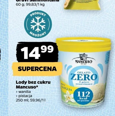 Lody bez cukru pistacjowe Mancuso Gelato Zero promocja w Netto