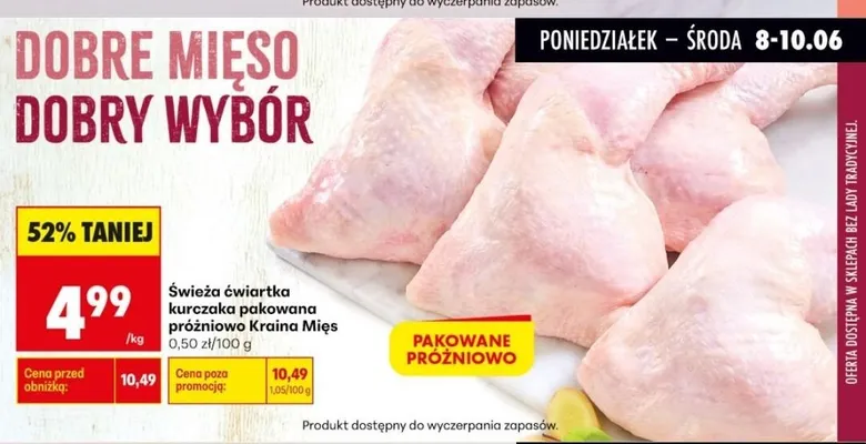 Świeża ćwiartka kurczaka pakowana próżniowo Kraina Mięs promocja w Biedronka