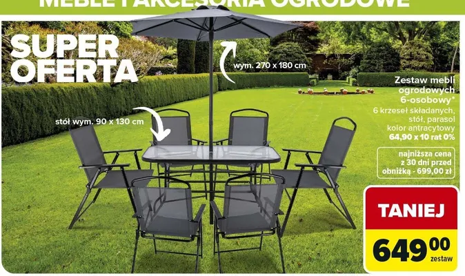 Zestaw mebli ogrodowych 6-osobowy 6 krzeseł składanych, stół, parasol kolor antracytowy promocja w Carrefour