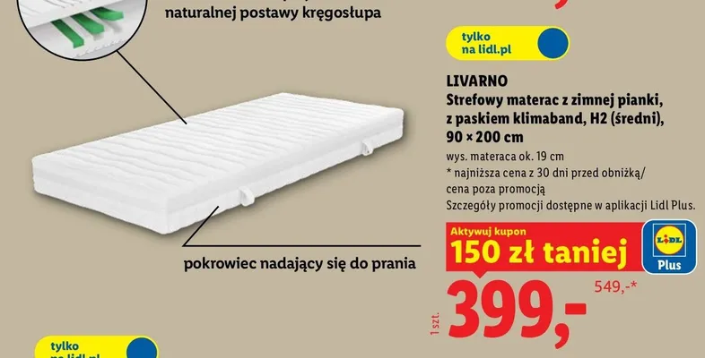 Strefowy materac z zimnej pianki z paskiem klimaband Livarno H2 promocja w Lidl