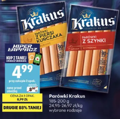 Parówki Krakus z szynki promocja w Delikatesy Centrum