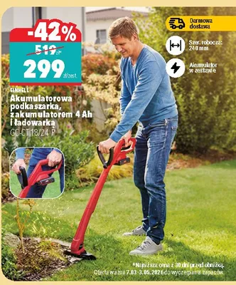 Akumulatorowa podkaszarka, z akumulatorem 4 Ah i ładowarką GRTR/24-1 promocja w Biedronka Home