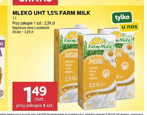 Mleko UHT Farm Milk 1,5% promocja w Stokrotka