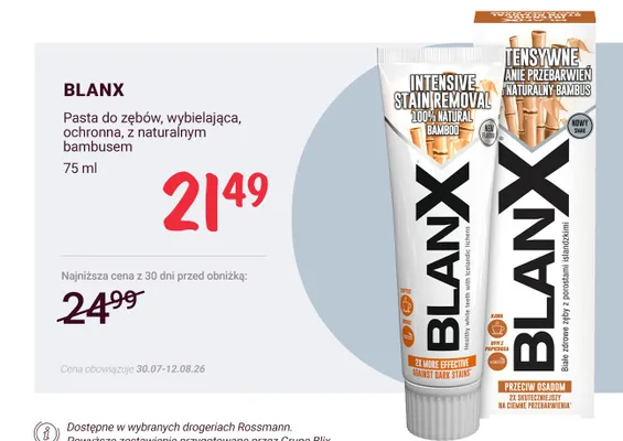 Pasta do zębów wybielająca ochronna BlanX z naturalnym bambusem promocja w Rossmann
