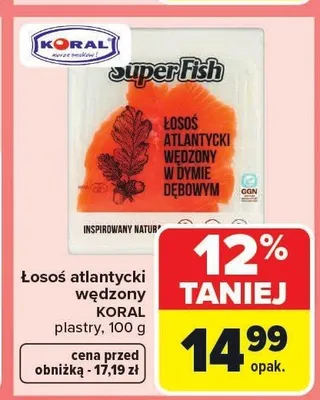 Łosoś atlantycki wędzony KORAL plastry promocja w Carrefour Market