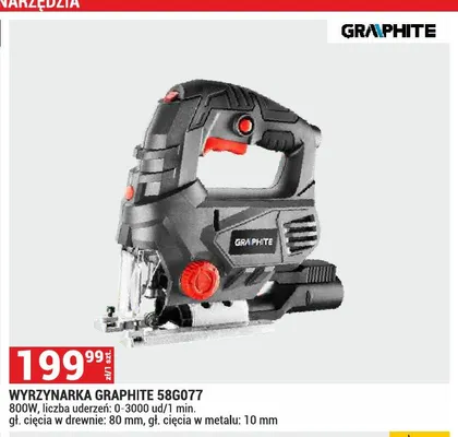 Wyrzynarka GRAPHITE 58G077 800W liczba uderzeń: 0-3000 ud/1 min. gł. cięcia w drewnie: 80mm gł. cięcia w metalu: 10mm promocja w Merkury Market